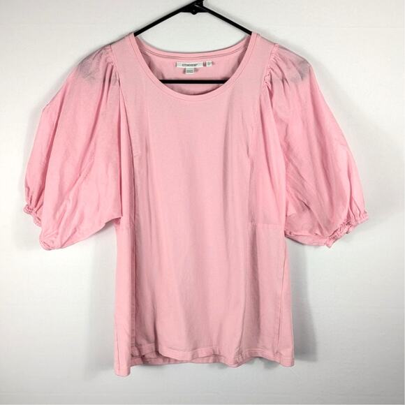 Chico’s 0 Pink Puff Sleeve Top Cotton Blend Short Sleeve Blouse Scoop Neck - Picture 1 of 4